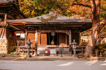 Fototapeta na wymiar Nenbutsu hall at Yamadera Risshaku ji temple in Yamagata, Japan