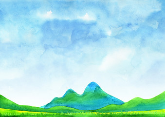 Green grass filed with blue sky watercolor hand painting background.