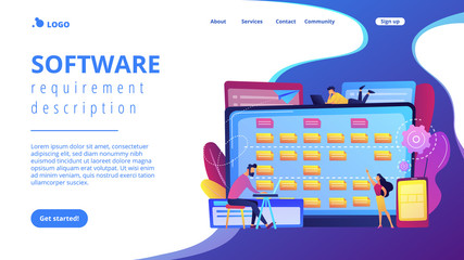 Tiny people developers at laptop and customer requirements. Software requirement description, user case agile tool, business analysis concept. Website vibrant violet landing web page template. - obrazy, fototapety, plakaty