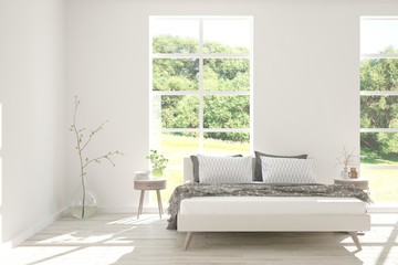 Stylish bedroom in white color with smmer landscape in window. Scandinavian interior design. 3D illustration