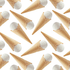White creamy ice cream in crisp waffle cones as seamless decorative random pattern isolated on white background.