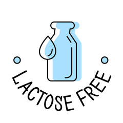 Lactose free product label logo icon with blue milk bottle and drop, template for food packaging, vector