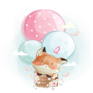 Cute Fox Flying with Balloons © Lorarts