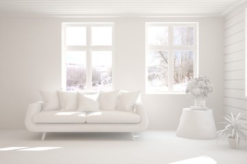 Mock up of stylish room in white color with sofa and winter landscape in window. Scandinavian interior design. 3D illustration