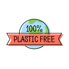 Plastic free product label logo line style with Earth and text, template for packaging, vector illustration