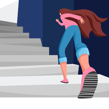the girl on the stairs. the woman goes to the exit. a woman climbs up the stairs