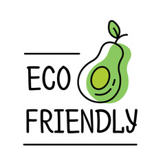 Eco friendly product label logo in line style with green avocado text, design template for packaging, vector illustration.