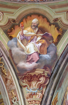 COMO, ITALY - MAY 8, 2015: The fresco of St. Augustine doctor of the west Catholic church in church Santuario del Santissimo Crocifisso by Gersam Turri (1927-1929).