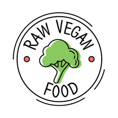 Raw Vegan food label line style logo with green broccoly, sticker template for product packaging, vector