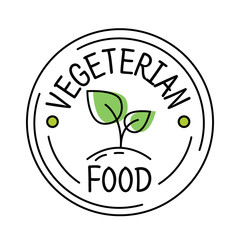 Vegetarian food label line style logo with green leaf, sticker template for product packaging, vector