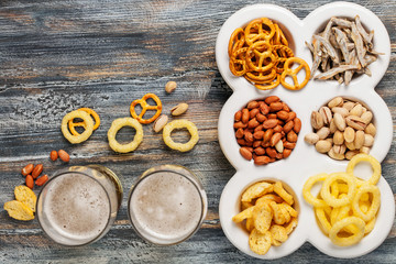 Lager beer and snacks