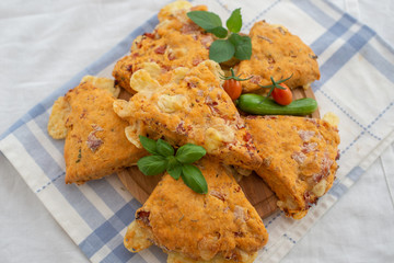 home made savory scones with tomato, cheese and basil