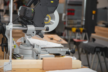 Miter saw in the carpentry workshop.