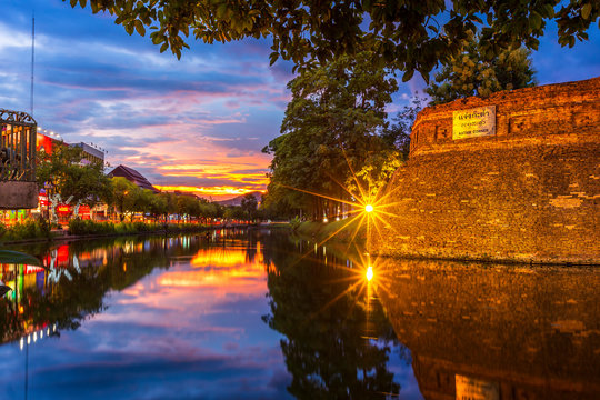 Chiang Mai old city ancient wall and moat (KATAM CORNER) with evening It is a major tourist attraction in Chiang Mai, Thailand.