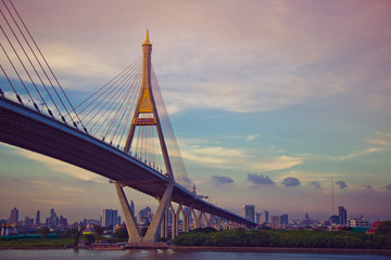 Fototapeta na wymiar Bhumibol bridge views at sunset in Bangkok Thailand