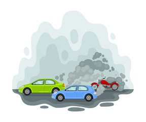 Car among the exhaust. Vector illustration on a white background.