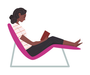 Beautiful African American Woman Sitting on Chair and Reading Book Vector Illustration