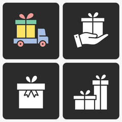 Gift box vector icon set on black background.