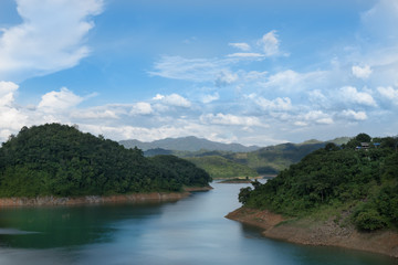 The river between the mountains and the clear sky.