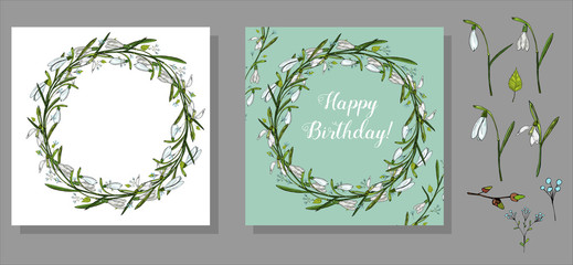 Beautiful card template with white flowers wreath in the white and tiffany background. Floral elements and snowdrops. Isolated floral wreath. Vector illustration. Template for wedding, invitation.