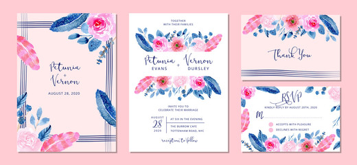 wedding invitation set with blue pink floral and feather watercolor