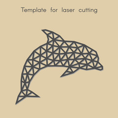   Template animal for laser cutting. Abstract geometric dolphin for cut. Stencil for decorative panel of wood, metal, paper. Vector illustration.