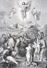 SEBECHLEBY, SLOVAKIA - JULY 27, 2015: The Ascension of the Lord lithography by unknown artist in the book "Zivot Jezisa Krista bozskeho Spasitela naseho" printed in Trnava 1907 .