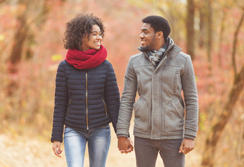 Loving afro couple walking in autumn park
