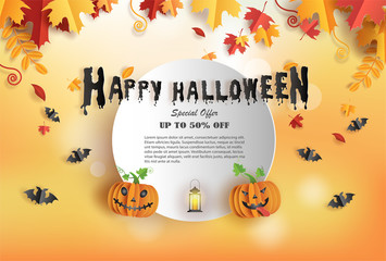 Halloween sale promotion banner with discount offer on special occasion, give voucher, banner, poster or background, paper art and craft style, flat-style vector illustration.