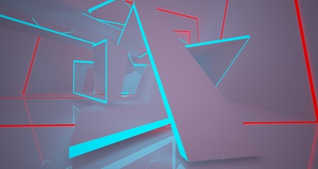 Abstract architectural white interior of a minimalist house with color gradient neon lighting. 3D illustration and rendering.