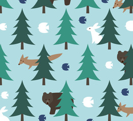 北欧の森と動物柄水色