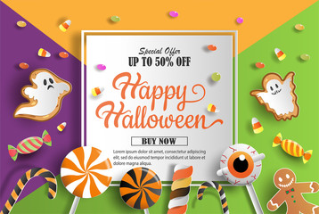 Paper art and craft style of Halloween treat decorations, promotion banner with discount offer on special occasion, give voucher, banner, poster or background.