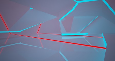 Abstract architectural white interior of a minimalist house with color gradient neon lighting. 3D illustration and rendering.