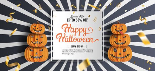 Halloween sale promotion banner with discount offer on special occasion, give voucher, banner, poster or background, paper art and craft style, flat-style vector illustration.