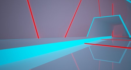 Fototapeta premium Abstract architectural white interior of a minimalist house with color gradient neon lighting. 3D illustration and rendering.