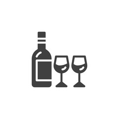 Wine bottle and two wine glasses vector icon. filled flat sign for mobile concept and web design. Alcohol drinks menu glyph icon. Symbol, logo illustration. Vector graphics