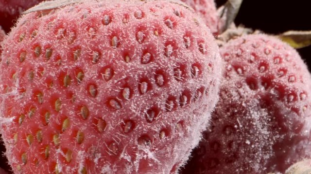 Extreme closeup of fresh frozen strawberries, Rotation 360 degrees, Close-up