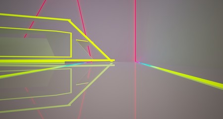 Abstract architectural white interior of a minimalist house with color gradient neon lighting. 3D illustration and rendering.