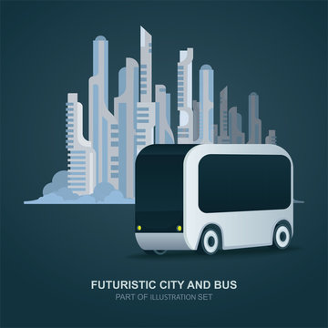 Futuristic bus and future city on background. Future city bus concept vector illustration. Future electric transport. 