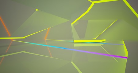 Abstract architectural white interior of a minimalist house with color gradient neon lighting. 3D illustration and rendering.