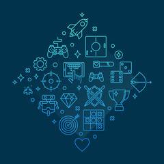 Video Game vector concept gaming outline blue illustration on dark background