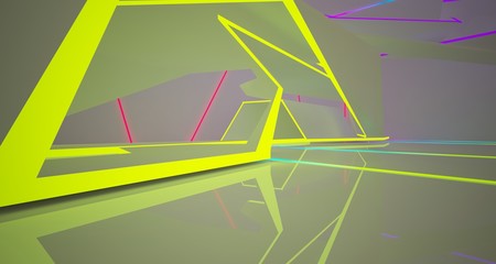 Abstract architectural white interior of a minimalist house with color gradient neon lighting. 3D illustration and rendering.