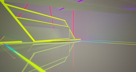 Abstract architectural white interior of a minimalist house with color gradient neon lighting. 3D illustration and rendering.