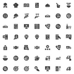 Restaurant food delivery vector icons set, modern solid symbol collection, filled style pictogram pack. Signs, logo illustration. Set includes icons as online food order service, chef hat, menu book