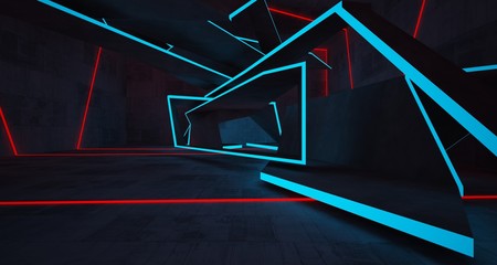 Abstract architectural concrete interior of a minimalist house with color gradient neon lighting. 3D illustration and rendering.