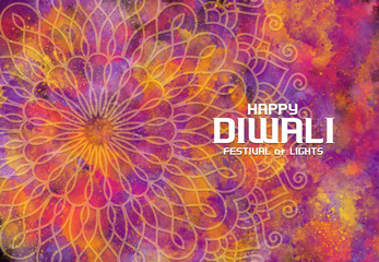 Abstract illustration mandala graphic with watercolor painting, celebration for Happy Diwali festival of light backgrounds