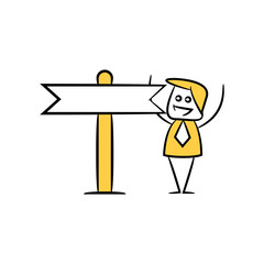 stick figure businessman present with guidepost, signage or signpost