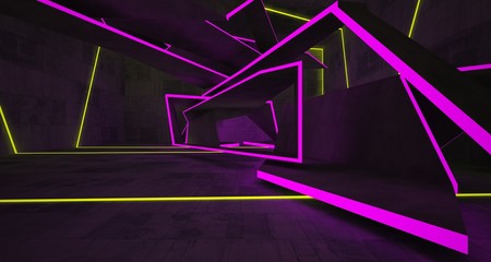 Abstract architectural concrete interior of a minimalist house with color gradient neon lighting. 3D illustration and rendering.