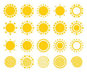 Sun icons isolated on white background set. Flat yellow sunlight symbols collection. Elements for Solar logo design. Vector illustration