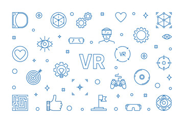 VR concept horizontal illustration in outline style. Virtual Reality concept linear banner